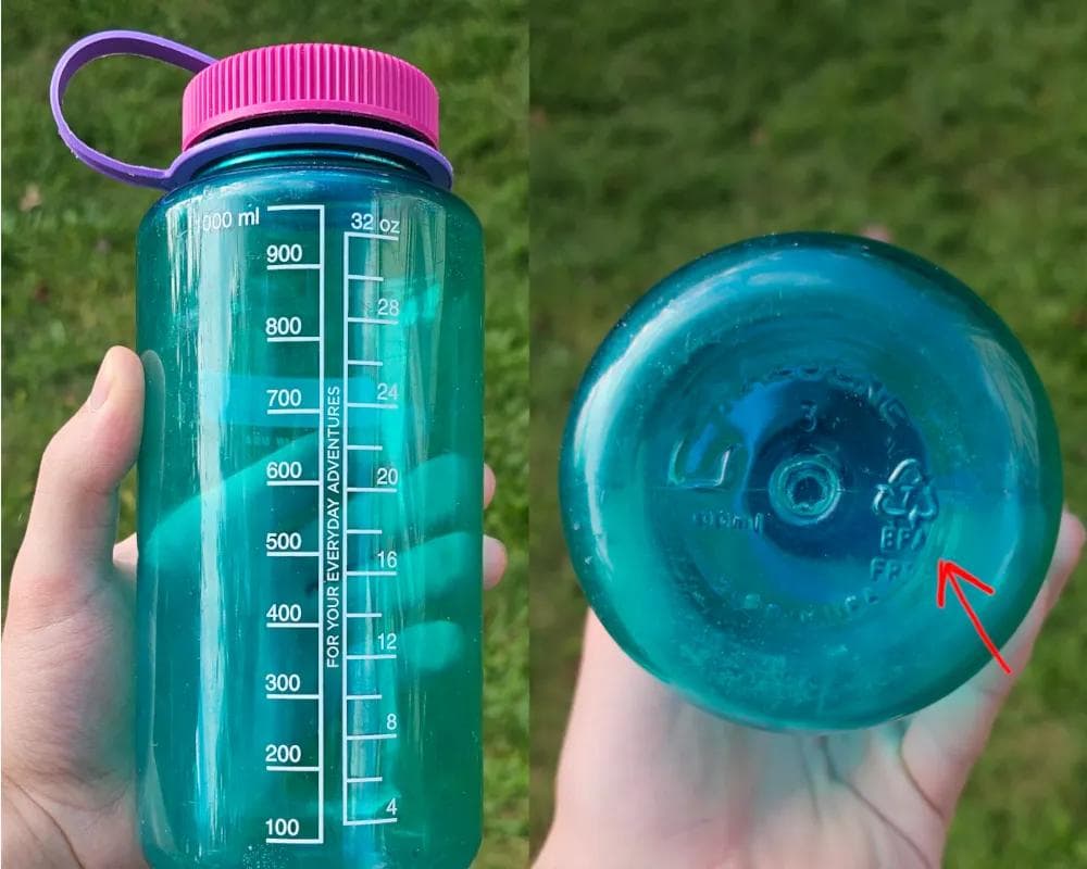 blue nalgene water bottle with focus on "BPA-free" sign and resin code on the bottom of bottle